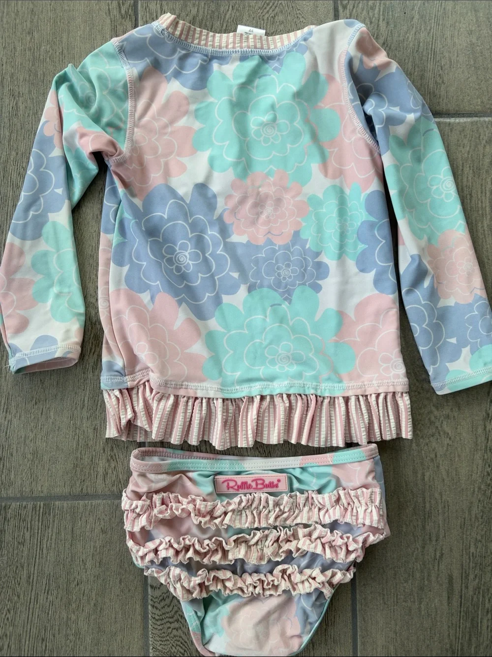 Ruffle Butts Pastel Floral Rash Guard Set - Mint, Pink & Blue